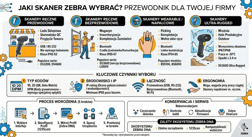 Przewodnik po rodzajach skanerów Zebra: ręczne przewodowe, bezprzewodowe, napalcowe i ultra-rugged. Wybierz najlepszy dla swojej firmy.