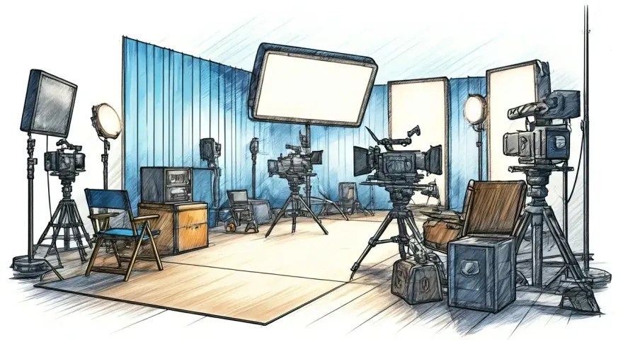 Studio di registrazione con telecamere, luci e attrezzature. Un set pronto per girare, con tutti i termini cinematografici in inglese a portata di mano.