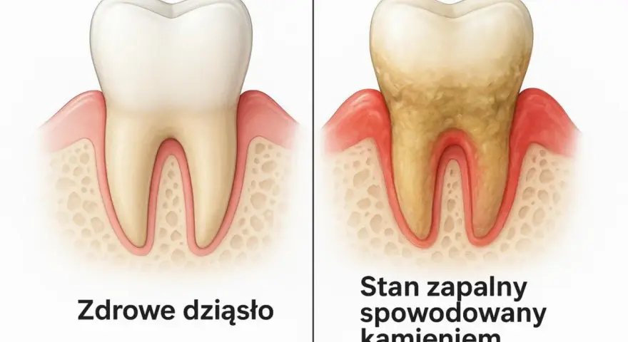 Porównanie zdrowego zęba z zębem zaatakowanym przez kamień nazębny, który powoduje stan zapalny. Co rozpuszcza kamień nazębny?