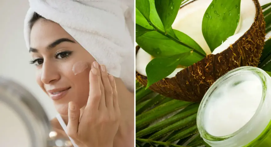 Mujer aplicándose crema en la cara, con un coco y un tarro de aceite de coco para la cara al lado.
