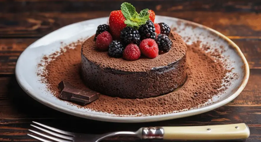Delicioso soufflé de chocolate cubierto con frutos rojos y menta, espolvoreado con cacao. ¡Un postre irresistible!