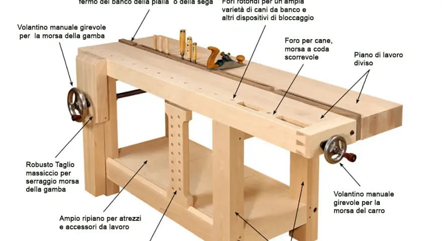 Banco da falegname robusto, ideale per lavorare il legno con precisione. Dotato di morse, fori per cani e piano diviso.