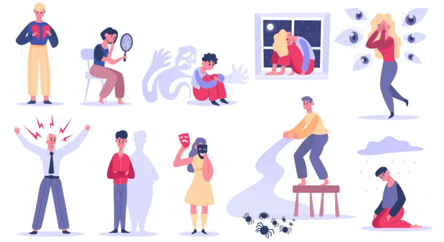 Ilustracje przedstawiające różne stany emocjonalne i lęki, takie jak złamane serce, strach, samotność i fobie.