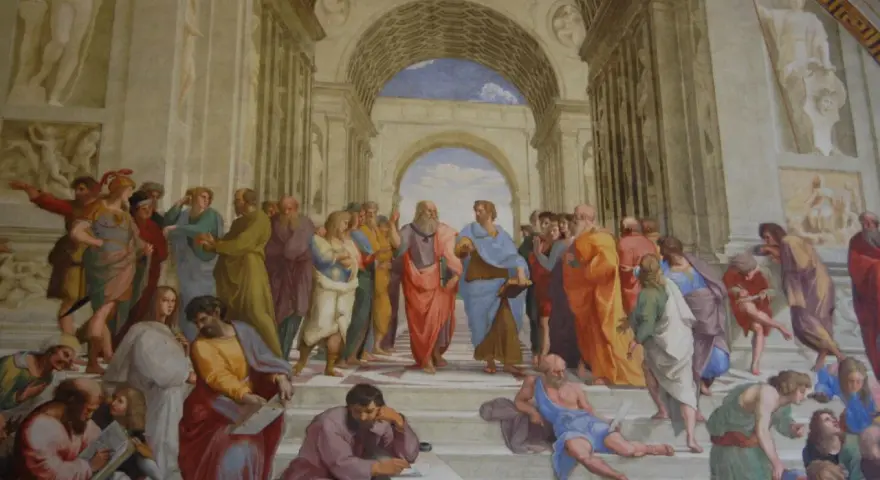 Une scène de l'art de la Renaissance, avec des figures antiques discutant dans une architecture grandiose.