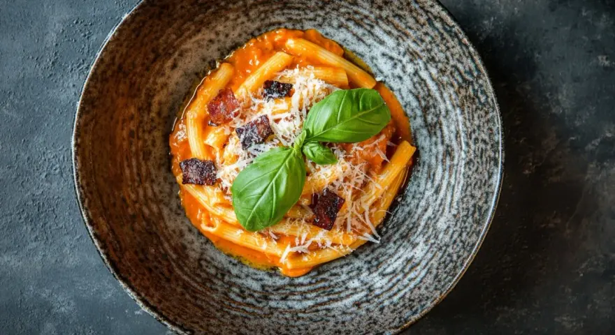 Piatto di pasta con crema di mascarpone, cubetti di pancetta croccante, parmigiano grattugiato e basilico fresco.