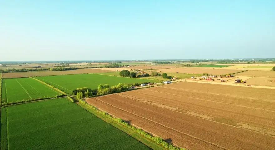 Rozległe, zielone i brązowe pola uprawne pod błękitnym niebem. W oddali widać maszyny budowlane, co może sugerować, ile trwa odrolnienie działki.