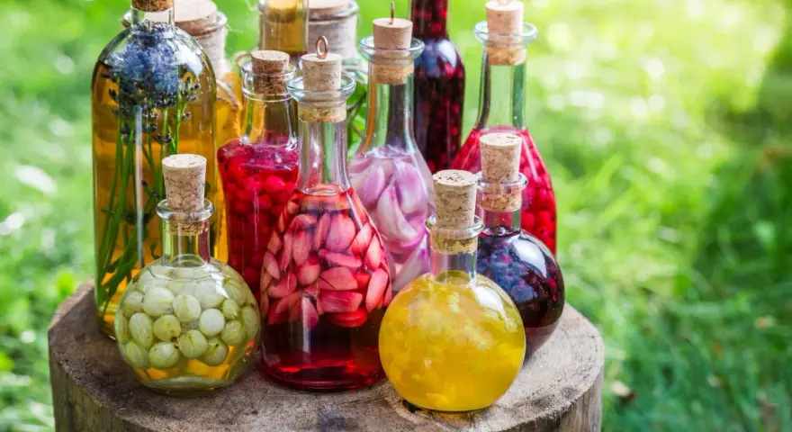 Fruchtige Liköre in Flaschen, bereit zum schnaps selber machen. Mit Beeren, Kräutern und Früchten gefüllt.
