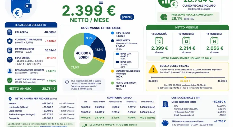 Quanto guadagna un ingegnere con RAL 40.000€: netto annuo 28.784€, netto mensile 2.399€ (12 mensilità).