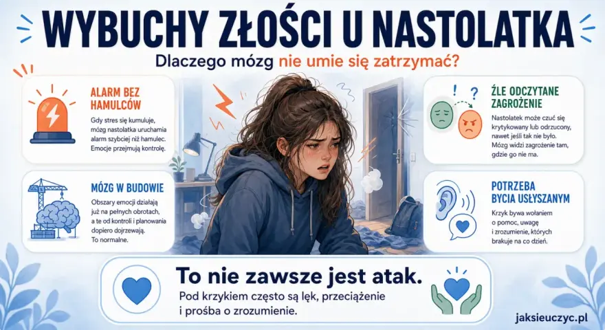 Nastolatka z wyrazem twarzy pełnym bólu i rozpaczy, otoczona symbolami stresu. Grafika wyjaśnia, że wybuchy złości u nastolatków to często objawy silnego stresu, źle odczytanego zagrożenia i potrzeby bycia usłyszanym.