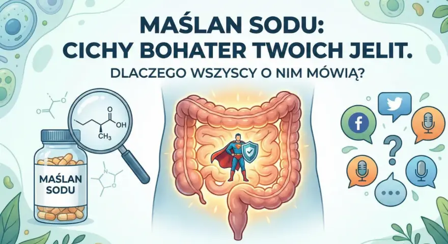 Maślan sodu: cichy bohater jelit. Na obrazku buteleczka suplementu, wzór chemiczny, jelita z superbohaterem i ikony mediów społecznościowych.