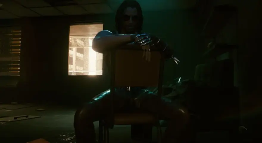 Hombre con implantes cibernéticos, sentado en una silla, en un ambiente oscuro. El futuro distópico evoca **cerebros destruidos cyberpunk**.