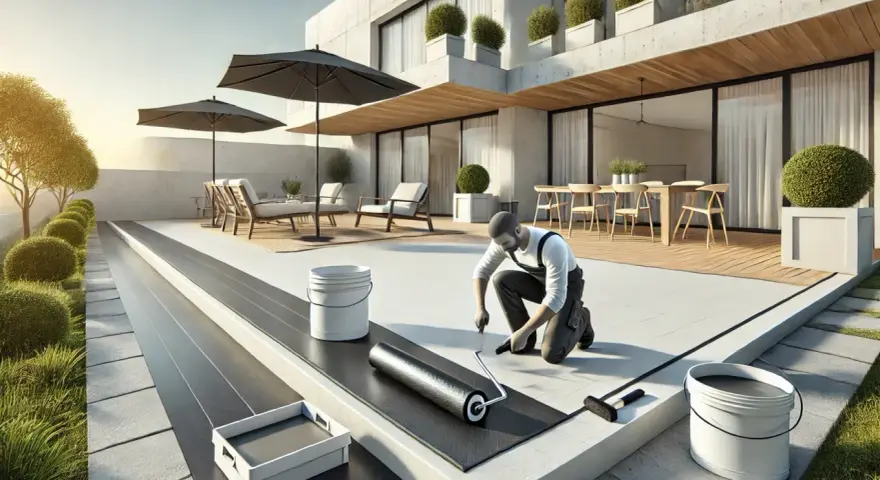 Hombre aplicando impermeabilizante para terrazas con rodillo en una moderna casa con mobiliario exterior.