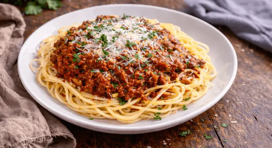 Pyszne spaghetti bolognese, posypane parmezanem i natką pietruszki. Prosty przepis na obiad, który zachwyci każdego.