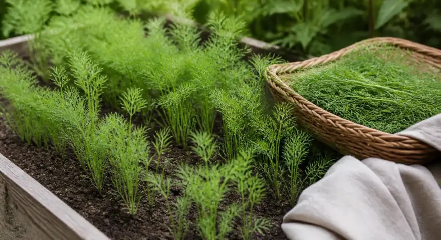 Frischer Dill wächst im Beet. Ein Korb voller geerntetem Dill liegt daneben. Der ideale dill standort für Kräuter.