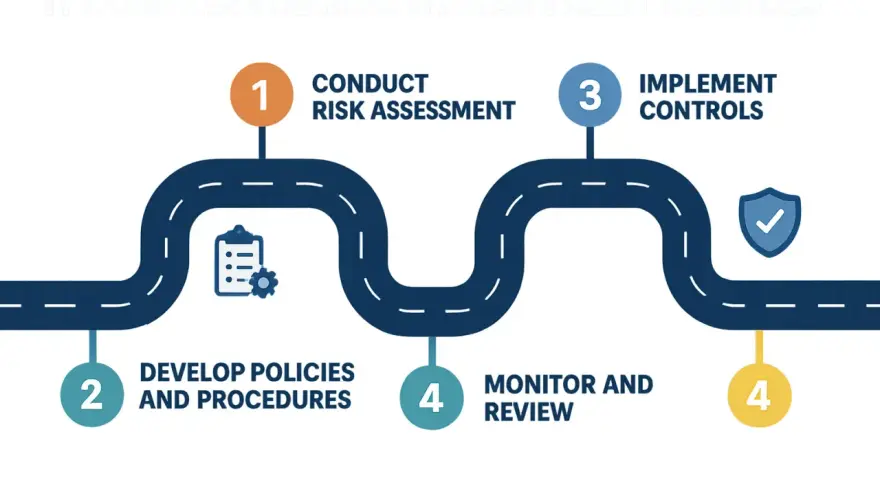 Roadmap for IT compliance risk management: Conduct risk assessment, develop policies, implement controls, and monitor and review. Continuous monitoring ensures ongoing effectiveness.