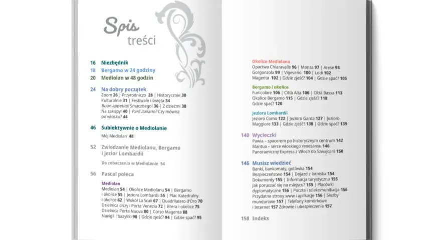 Spis treści artykułu o podróży z Bergamo do Mediolanu, z podziałem na sekcje i strony.