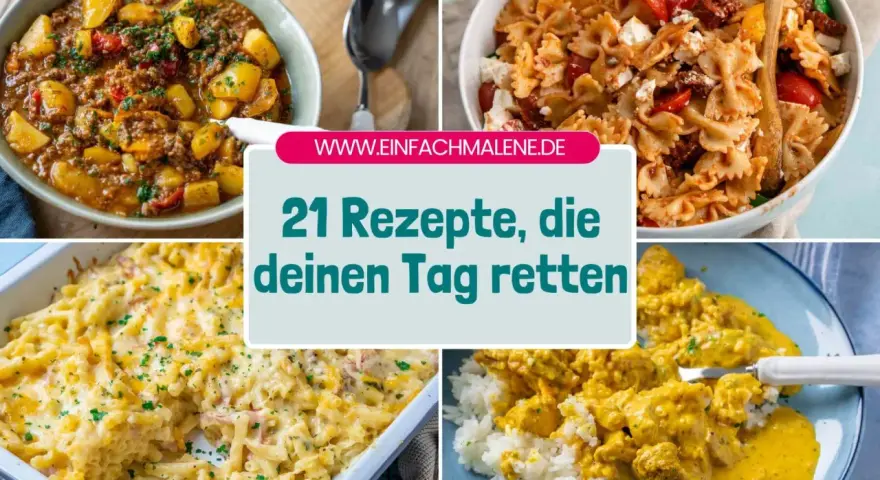 Vier leckere Gerichte: Gulasch mit Kartoffeln, Nudelsalat, Auflauf und Curry mit Reis. Was koche ich heute? Hier gibt's Inspiration!