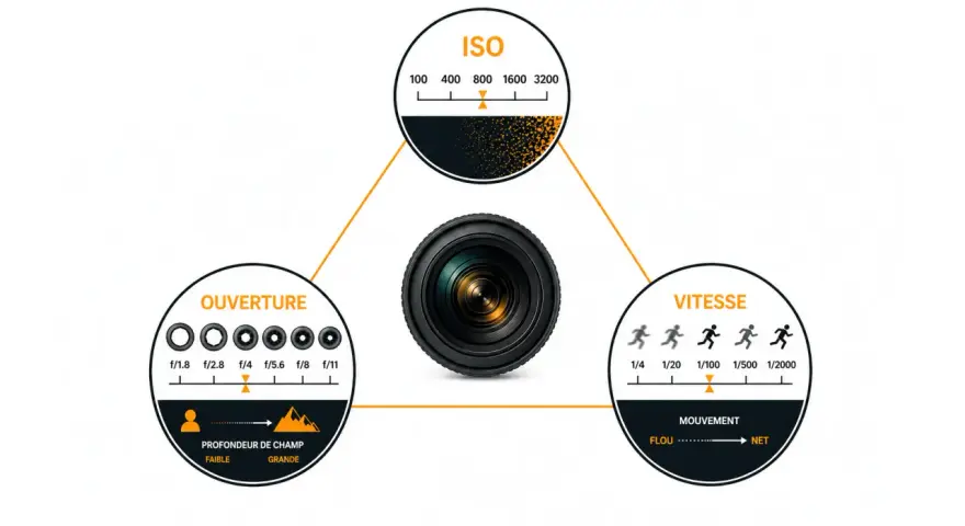 Schéma expliquant comment choisir son appareil photo : ISO, ouverture et vitesse.