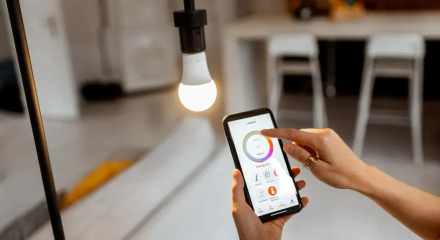 Mano ajustando el control de iluminacion domotica en un smartphone para regular la luz de una bombilla.
