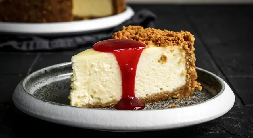Ein Stück cremiger american cheesecake mit Keksboden, übergossen mit roter Fruchtsauce, auf einem grauen Teller.