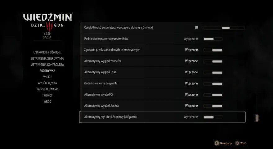 W menu Wiedźmina Dzikiego Gonu opcja "Alternatywny wygląd Jaskra" jest włączona.