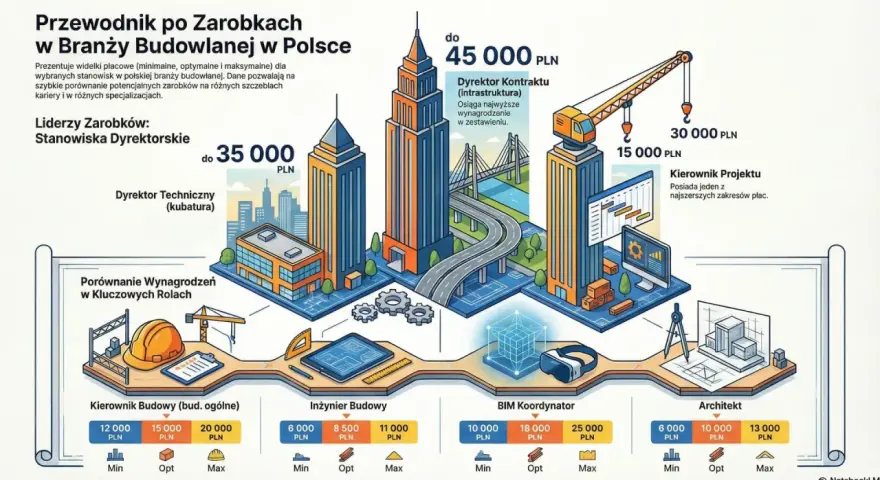 Ilustracja przedstawia schemat zarobków w branży budowlanej, z ikonami budynków i symbolami finansowymi.