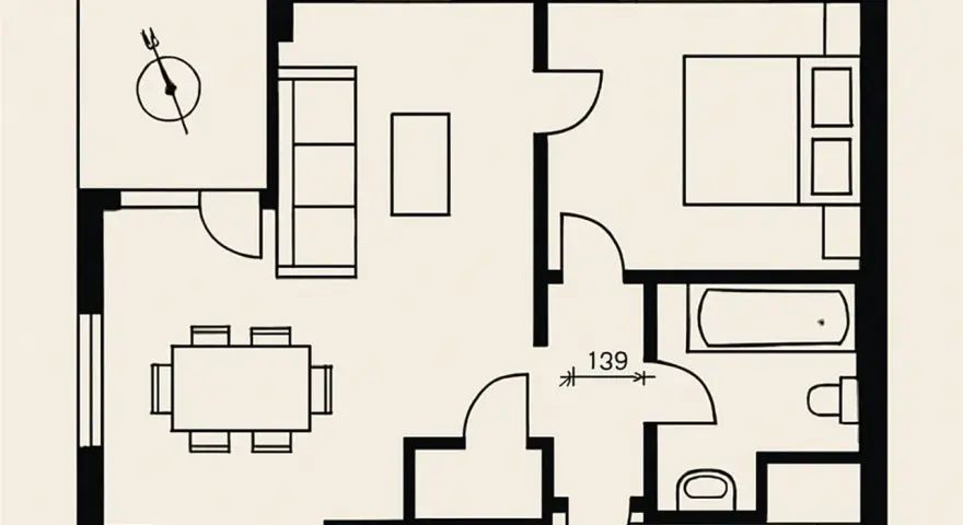 Planimetria di un appartamento: soggiorno con divano e tavolo, camera da letto, bagno e balcone. Utile per capire come fare una planimetria.