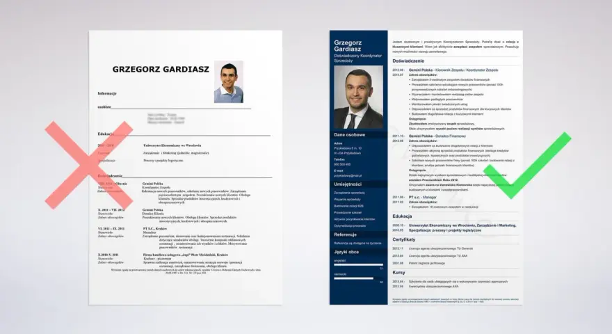 CV Grzegorza Gardiasza, koordynatora sprzedaży. W sekcji "Kursy" znajduje się wpis o szkoleniu agencyjnym, co może być interesującym **hobby w CV**.