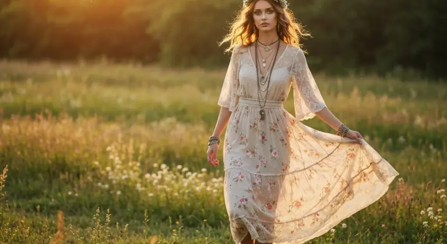Kobieta w kwiecistej sukience i wianku na głowie, idealna inspiracja, jak się ubrać na wesele w stylu boho.