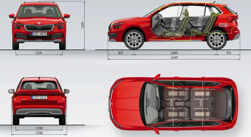 Skoda Kamiq wymiary: widok z przodu, boku, tyłu i z góry z zaznaczonymi wymiarami wnętrza i nadwozia.