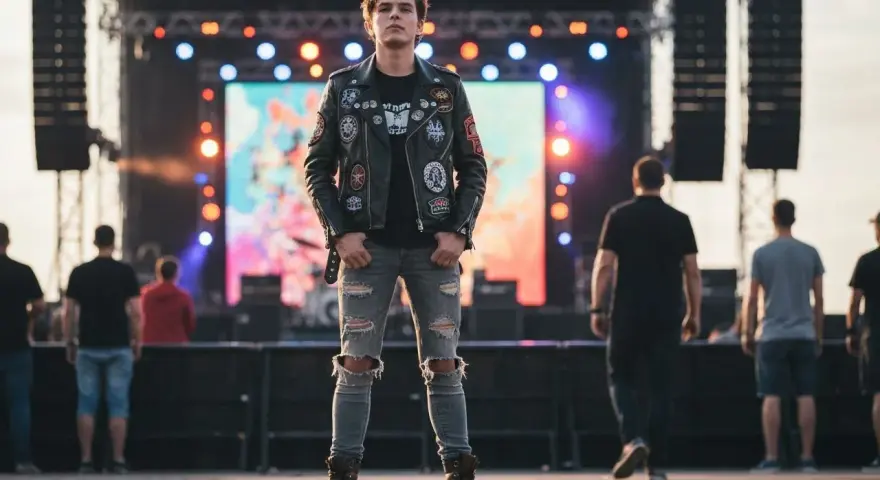 Chłopak w ramonesce z naszywkami i podartych jeansach, idealny przykład, jak się ubrać na koncert metalowy.