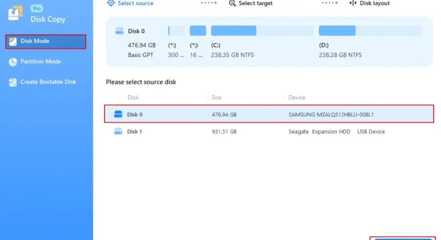 Interfejs programu do klonowania dysku. Wybrano tryb "Disk Mode", a użytkownik wybiera dysk źródłowy (Disk 0, Samsung).