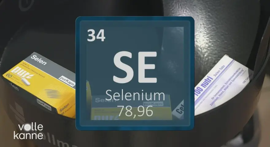 Das Periodensystem-Symbol SE für Selen, mit Packungen von Selen-Kapseln und -Tabletten. Mögliche Selen mangel symptome werden hier thematisiert.