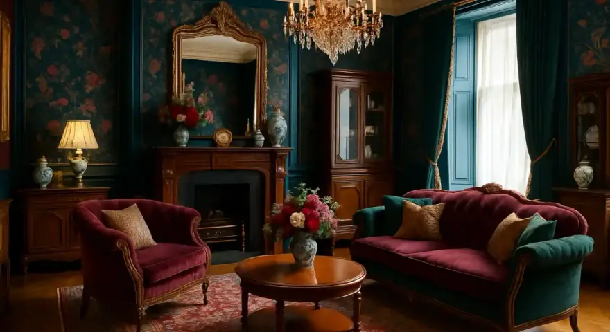 Elegancki salon w stylu wiktoriańskim z aksamitnymi meblami, bogatą tapetą i kryształowym żyrandolem.
