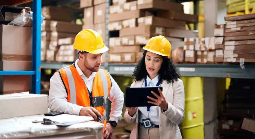 Due operai Bartolini in magazzino discutono dati su tablet, forse per calcolare lo stipendio camionista.