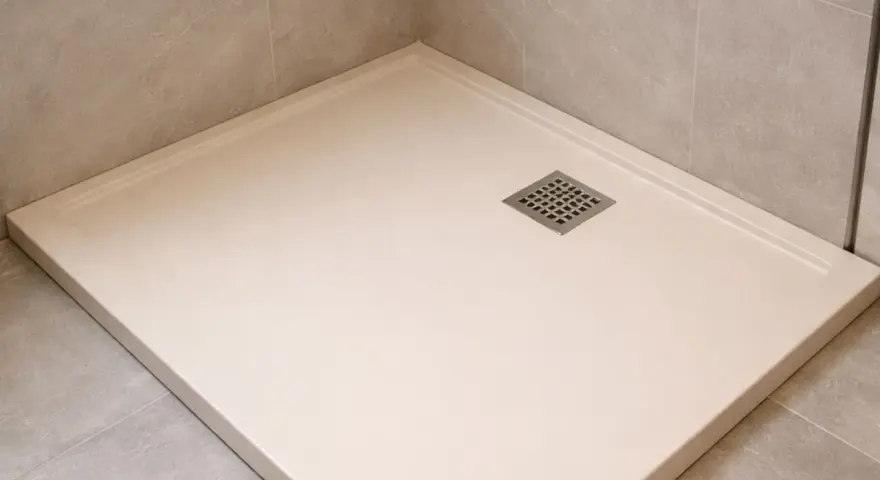 Un receveur résine ou céramique moderne, épuré, avec une grille d'évacuation carrée. Parfait pour une douche à l'italienne.