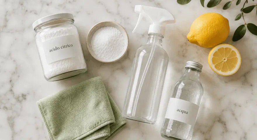 Acido citrico, limone, acqua e panni per pulizie ecologiche. Scopri i suoi molteplici usi!