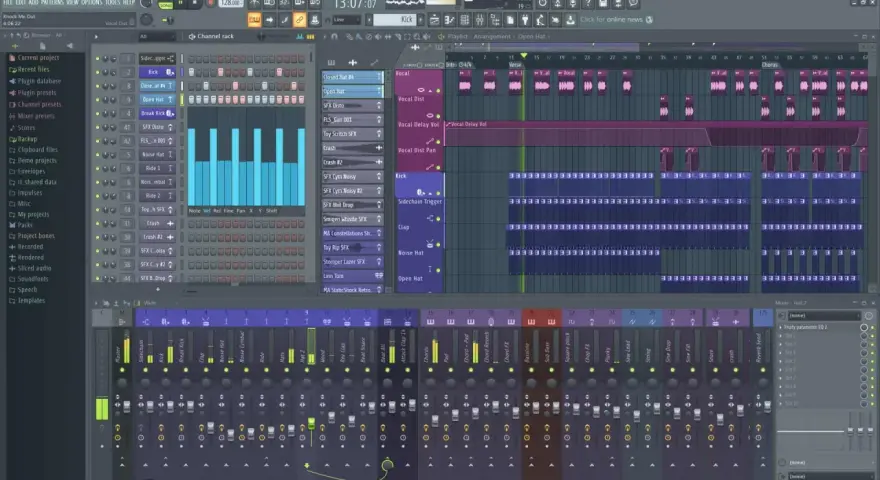 Die Musik machen App zeigt eine digitale Audio-Workstation mit Spuren für Gesang, Kick, Clap und mehr.