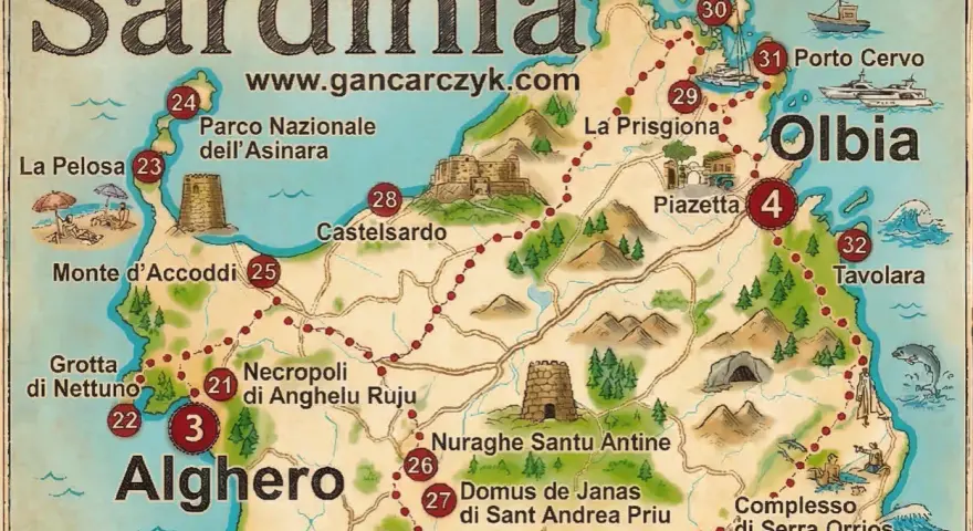 Mapa Sardynii z zaznaczonymi atrakcjami: Alghero, Olbia, Porto Cervo, plaże, nuragi. Co zobaczyć na Sardynii?