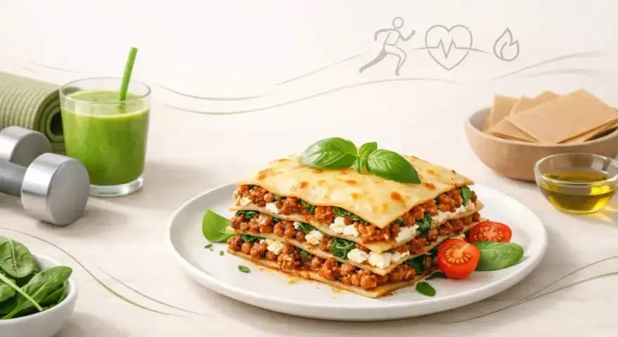 Jak zrobić lasagne? Pyszna, warstwowa lasagne z mięsem mielonym i szpinakiem, obok zielony koktajl, hantle i mata do ćwiczeń.
