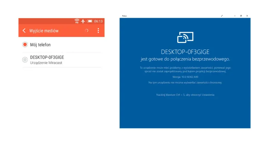 Udostępnianie ekranu: Dostępne urządzenie "DESKTOP-0F3GIGE" gotowe do połączenia bezprzewodowego.