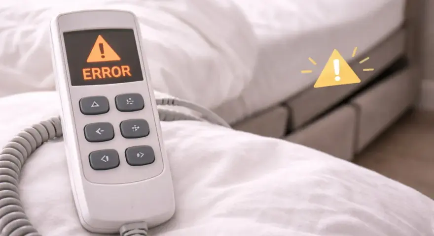 Télécommande d'un lit électrique affichant "ERROR". Un symbole d'alerte jaune est superposé. Cela peut affecter la durée de vie d'un lit électrique.