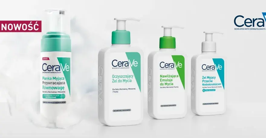 Kolekcja produktów CeraVe: pianka, oczyszczający żel do mycia, nawilżająca emulsja i żel przeciw niedoskonałościom.