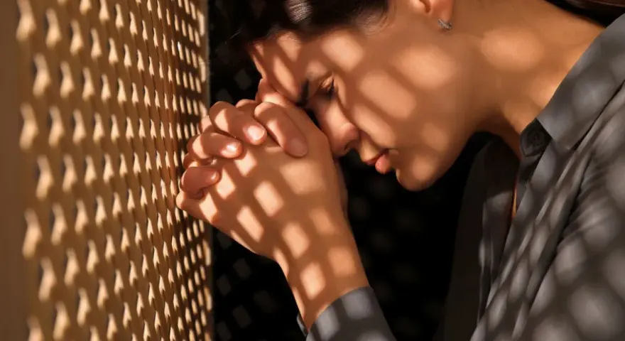 A woman in a confessional booth, hands clasped, seeking guidance on how to ask God for forgiveness.