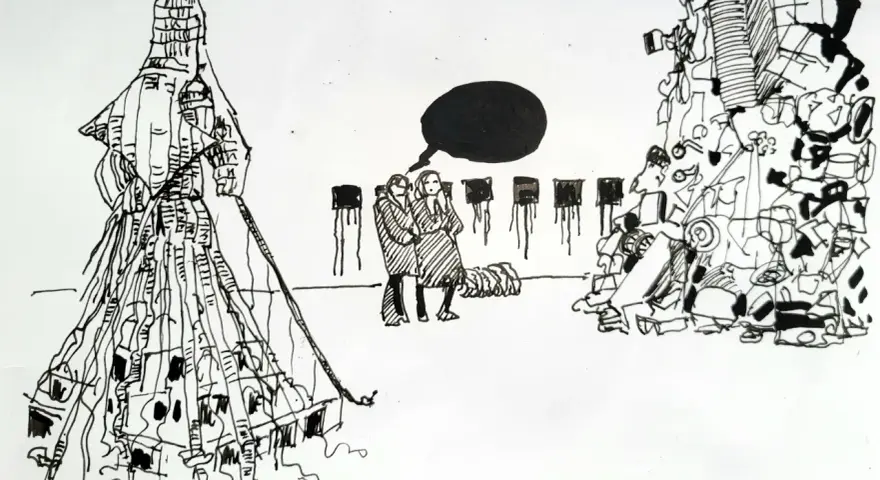 En surrealistisk teckning med en stor, klädd figur till vänster, två personer med en pratbubbla i mitten och en hög med objekt till höger. Någon verkar vilja rita fina bilder.
