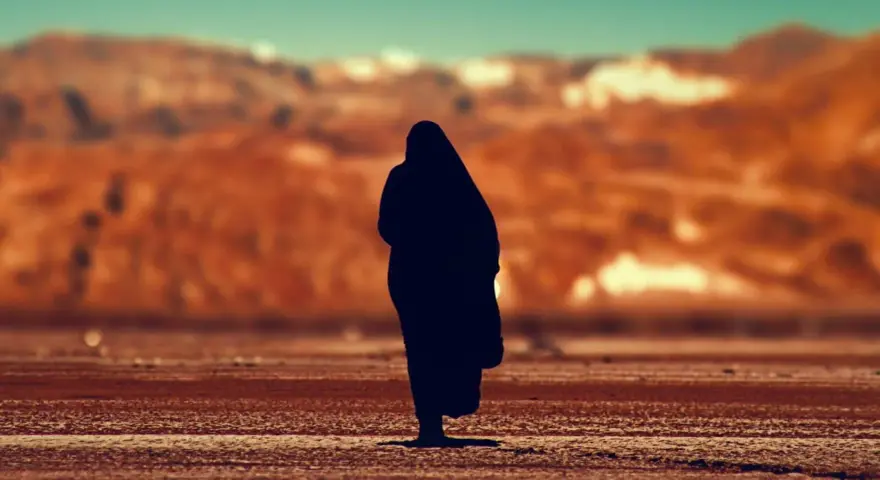 Eine Silhouette einer Person, die in der Wüste steht, erinnert an Johannes 1, wo das Wort am Anfang war.
