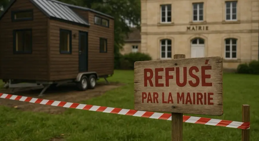Une tiny house sur roues est devant la mairie. Un panneau indique "Refusé par la mairie", barré par un ruban de sécurité.