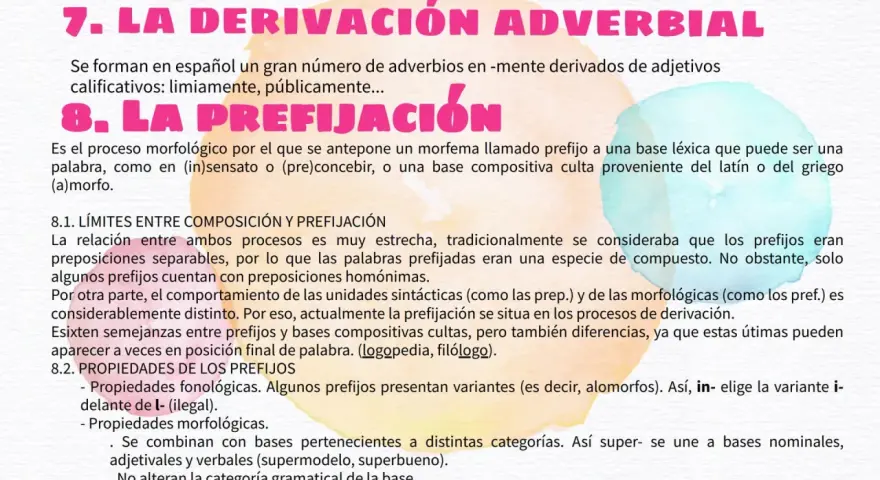 Texto sobre morfemas flexivos y derivativos, explicando la prefijación y sus límites con la composición.