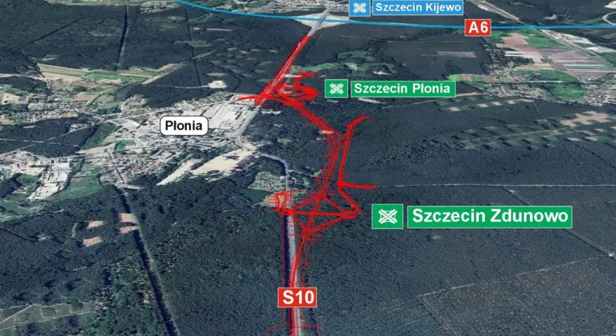 Trasa S10 prowadzi do Szczecina. Widoczne są drogowskazy na Szczecin Płonia, Szczecin Zdunowo i Szczecin Kijewo.