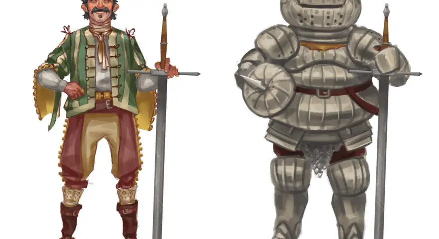 Siegmeyer de Catarina, un caballero con armadura completa, y otro hombre con atuendo renacentista, ambos sostienen espadas.